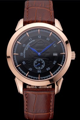 Vacheron Constantin Traditionnelle Black Ship Dial Rose Gold Case Brown Leather Strap Replica Vacheron Constantin