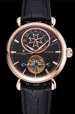 Vacheron Constantin Traditionnelle Tourbillon Black Dial Gold Case Black Leather Bracelet 1454060 Replica Vacheron Constantin