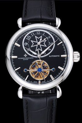 Vacheron Constantin Traditionnelle Tourbillon Black Dial Silver Case Black Leather Bracelet 1454063 Replica Vacheron Constantin