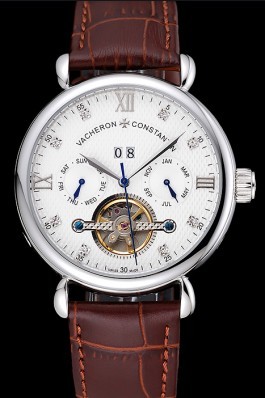 Vacheron Constantin Traditionnelle Tourbillon White Dial Diamond Numerals Brown Leather Bracelet 1454064 Replica Vacheron Constantin
