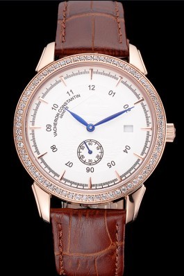 Vacheron Constantin Traditionnelle White Ship Dial Rose Gold Case With Diamonds Brown Leather Strap Replica Vacheron Constantin