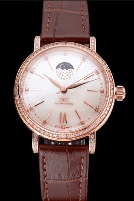 IWC Portofino Moon Phase Silver Dial Rose Gold Case Diamonds Bezel Brown Leather Strap Iwc Replica