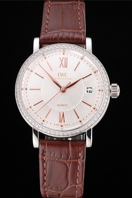 IWC Portofino Silver Dial Stainless Steel Case Diamonds Bezel Brown Leather Strap Iwc Replica