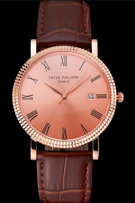 Patek Philippe Calatrava Rose Gold Dial Roman Numerals Ribbed Bezel Rose Gold Case Brown Leather Strap Aaa Grade Patek Philippe Replica