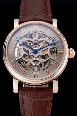 Patek Philippe Grand Complications Gray Skeleton Dial Rose Gold Case Brown Leather Strap 1453807 Fake Patek Philippe