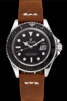 Rolex Yacht Master Black Dial Silver Case Brown Leather Bracelet 1453859 Replica Rolex