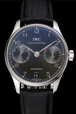Swiss IWC Portuguese Black Dial Black Subdials Silver Case Black Leather Bracelet 1453906 Iwc Replica