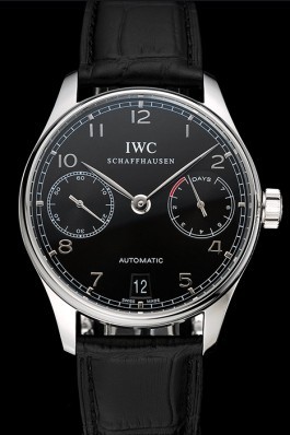 Swiss IWC Portuguese Black Dial Silver Case Black Leather Bracelet 1453903 Iwc Replica