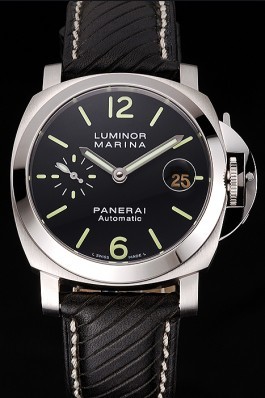 Swiss Panerai Luminor Marina Black Dial Stainless Steel Case Black Leather Strap  Panerai Luminor Replica