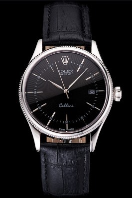 Swiss Rolex Cellini Date Black Dial Stainless Steel Case Black Leather Strap Replica Rolex